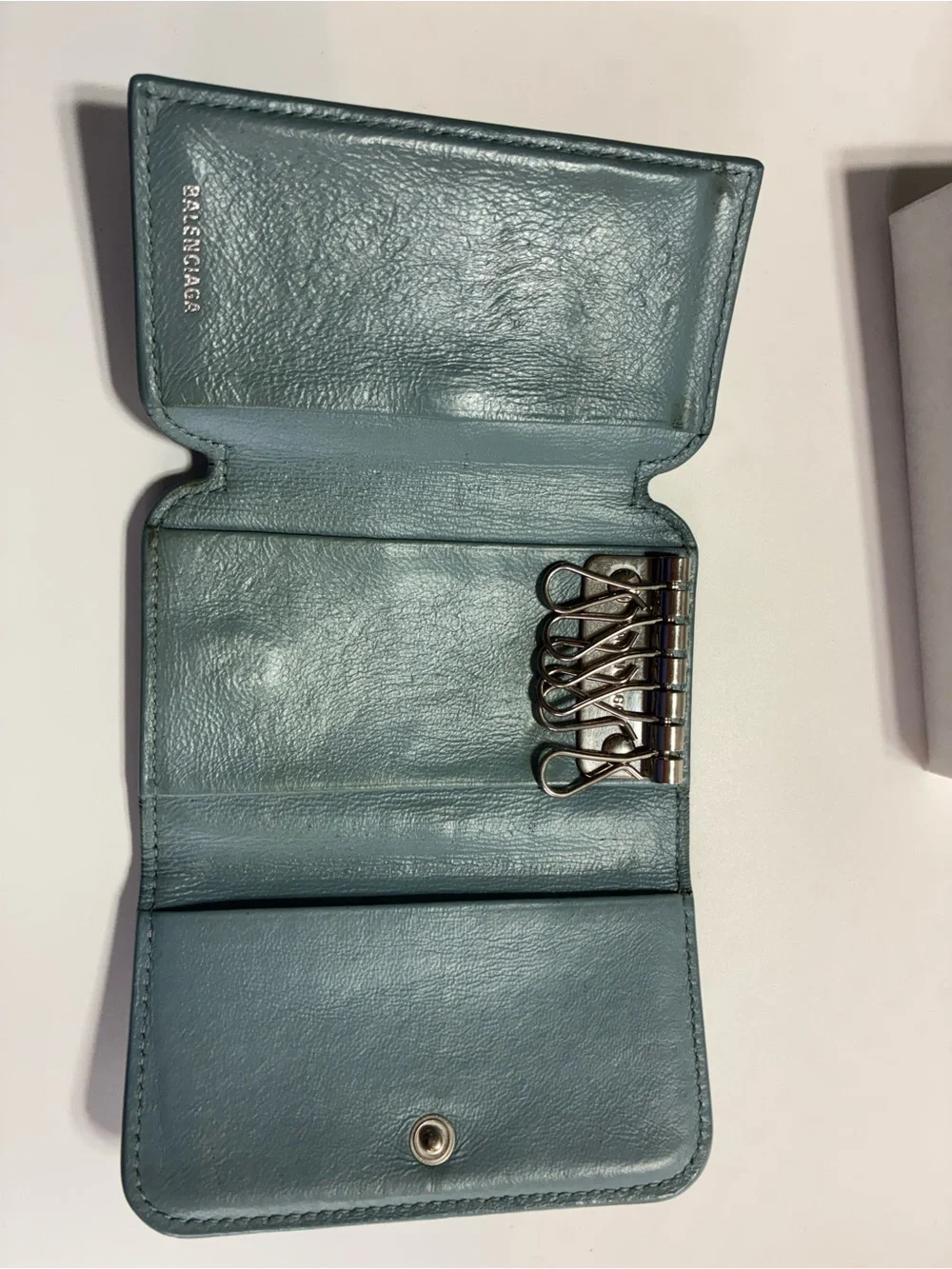 Balenciaga Teal Leather Key Ring Card Wallet